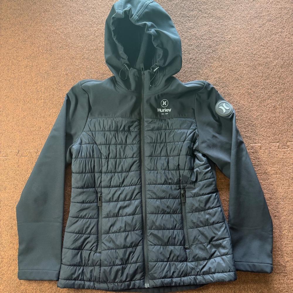 A+ Hurley Womens Black Hybrid Quilted Puffer Softshell Hooded Jacket Size S 1146